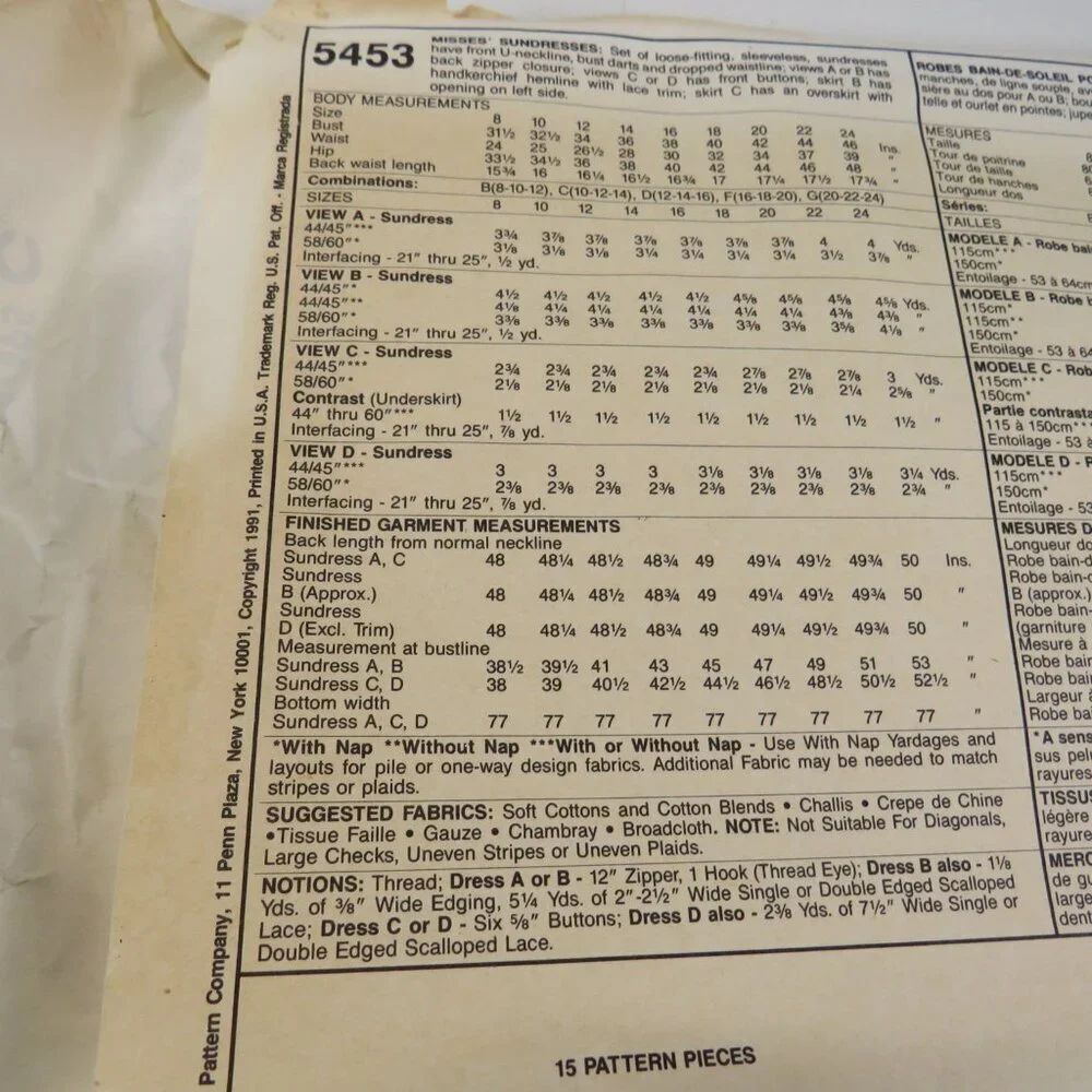 McCalls 5453 Clothing Pattern EASY Sleeveless Sundress 16-18